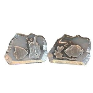 2 Vtg Rock‎ Shape Crystal CLEAR Silvestri Glass Etched Swimming Fish Paperweight